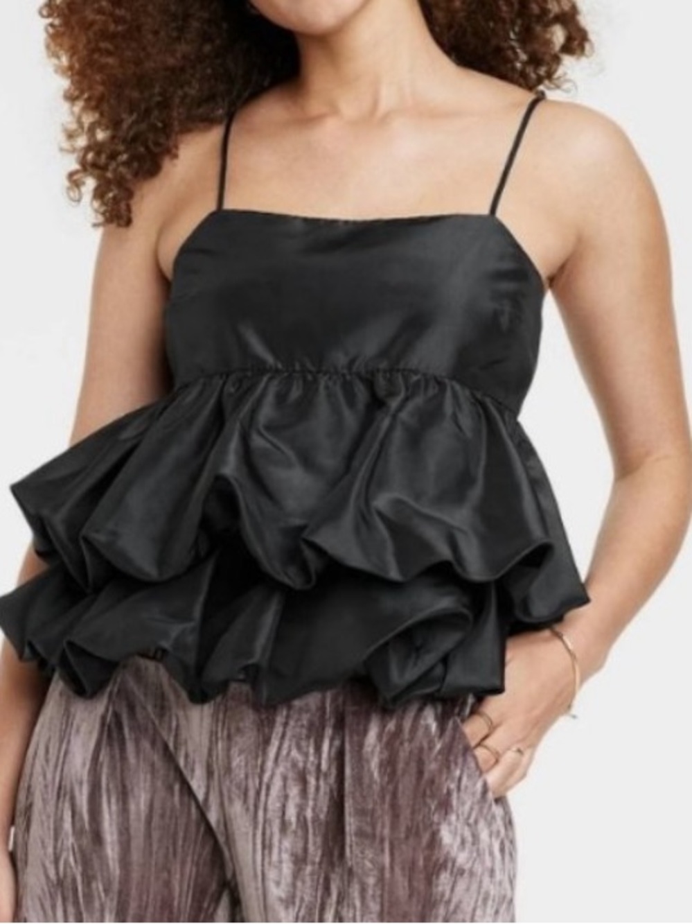 a new day Black Tiered Taffeta Tank Top with Adjustable Straps | S